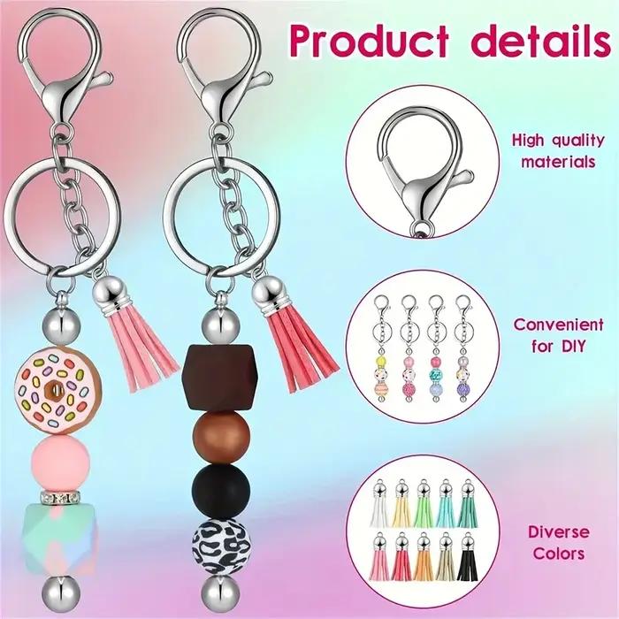 Porte-clés perlé, barres vierges, bandes colorées en cuir, pompon ample pour bricolage, pendentif, b