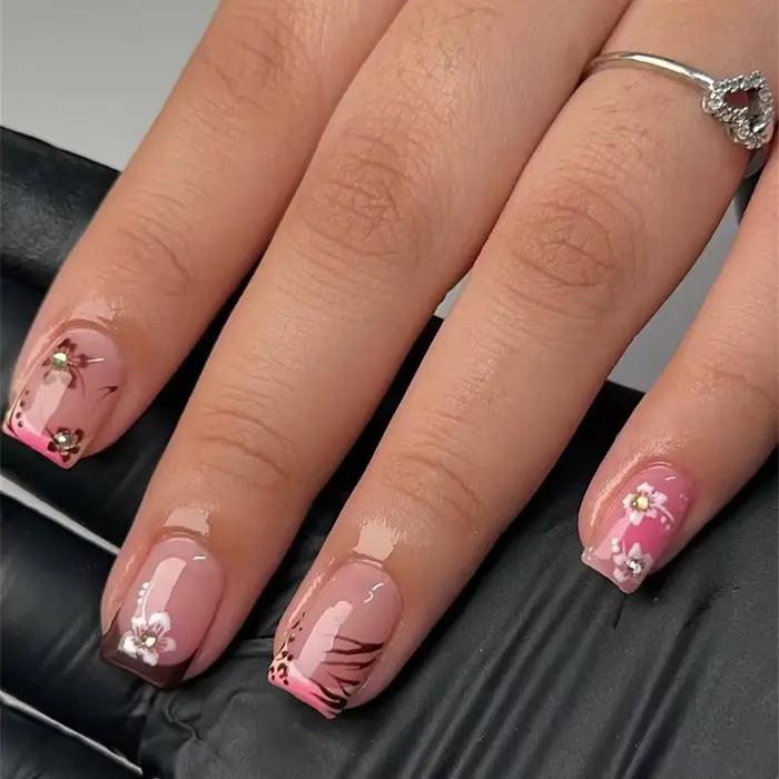 24 pièces fée fleur blanche faux ongles rose pointe française presse sur ongles court carré portable