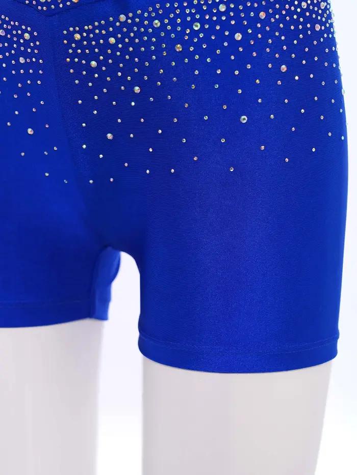 Short à ceinture élastique pour filles, strass scintillants, devant en V, pour patinage artistique,