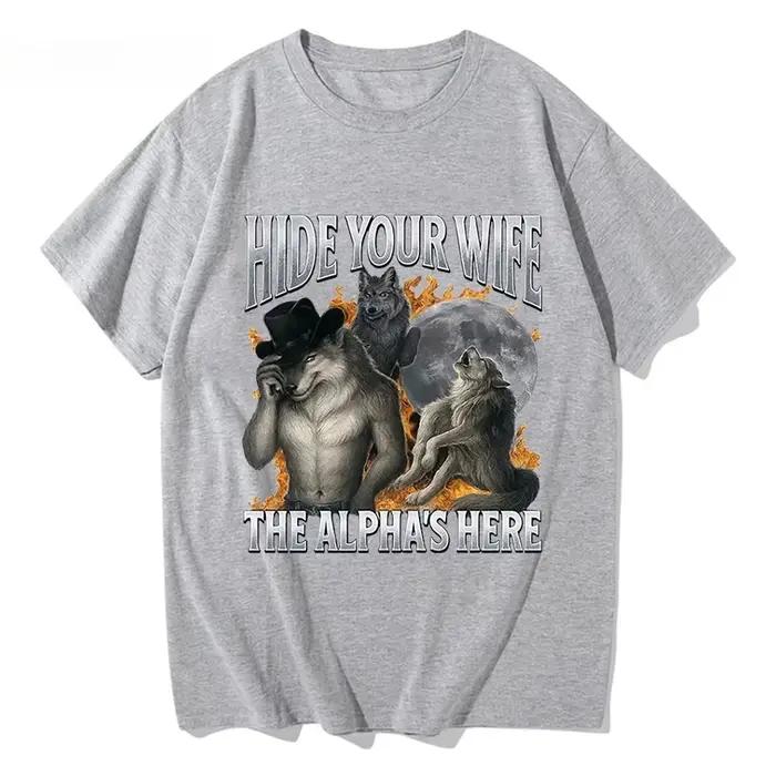 Cachez votre femme, l'alpha-loup arrive ! T-shirt Meme Loup-Garou Amusant, Chemise à Manches Courtes