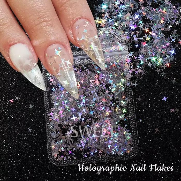 Paillettes holographiques pour ongles, étoile à quatre branches, Design Laser scintillant, breloque