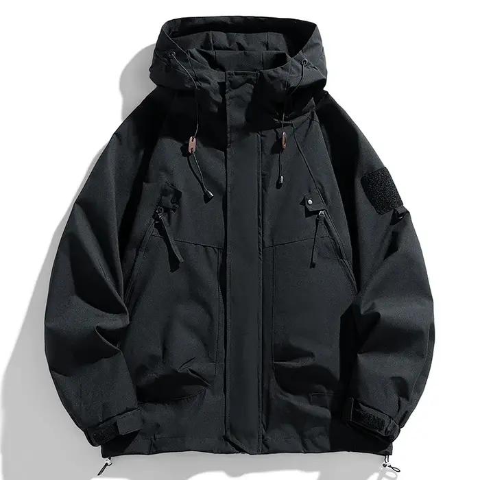 Coupe-vent hommes veste à capuche manteau à glissière Cargo imperméable noir Bomber Camping ample mi