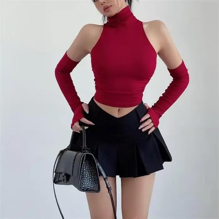 2025 nouveau épicé filles Y2k hauts manches longues Sexy col roulé débardeur pour femmes coupe ajust