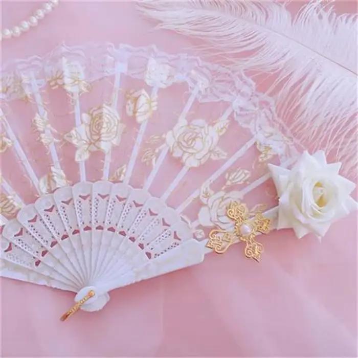 Éventail Gothique Lolita Victorien en Dentelle pour Femme, Vintage, Noir, Blanc, Rouge, Rose, Bambou