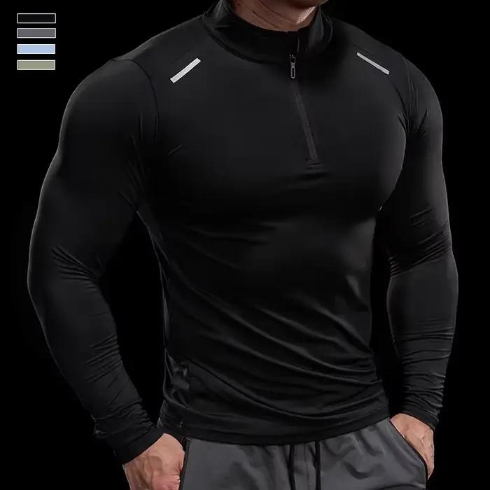 T-shirt manches longues col montant homme - Zip gym course fitness musculation qualité supérieure