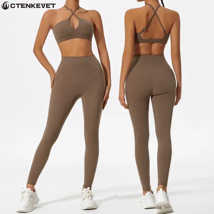 Ensemble sport deux pièces Ctenkevet pour femmes - Soutien-gorge bandeau croisé et leggings yoga gym
