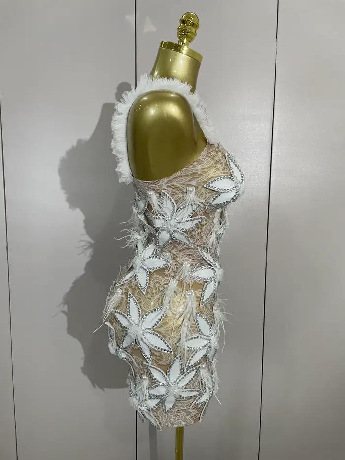 Sexy brillant diamant fleurs plumes blanc Transparent Slip robe courte soirée bal célébrer anniversa