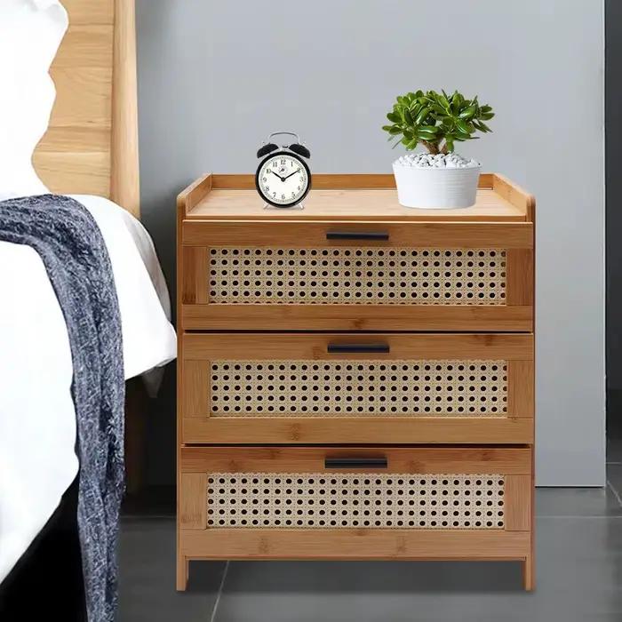 Table de chevet en bois de bambou à 3 tiroirs, armoire de rangement, meuble de chevet de chambre à c