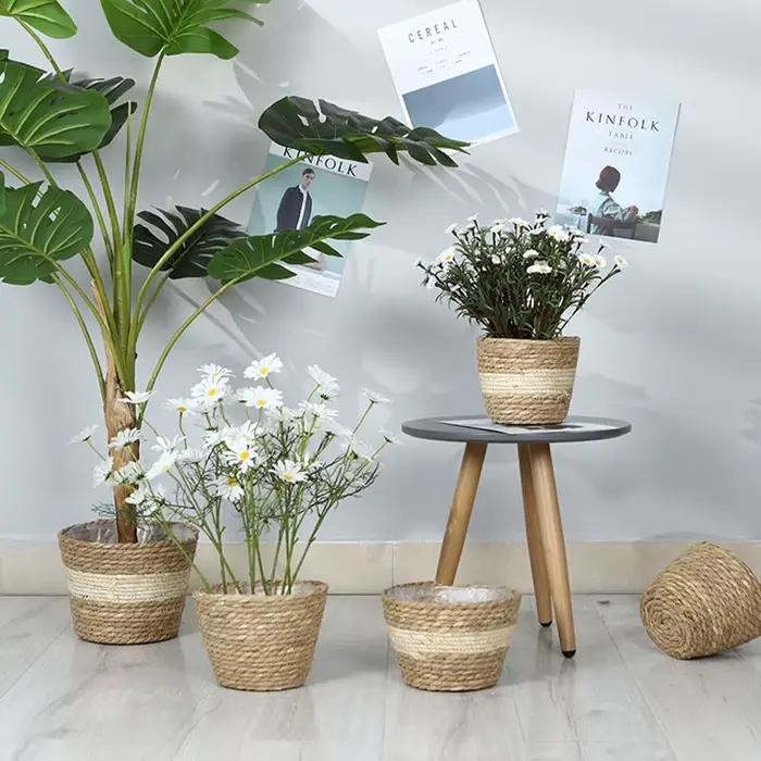 Pot de plantes à fleurs tissées en paille, panier de jardinière d'herbe, couverture de Pot de fleurs
