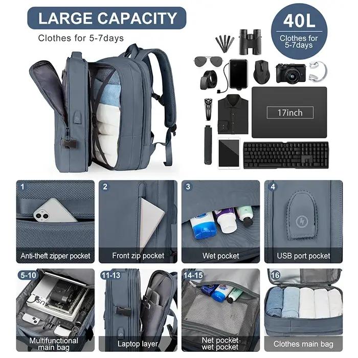 Sac à dos de voyage imperméable pour homme et femme, sac pour ordinateur portable de 40L, pour affai