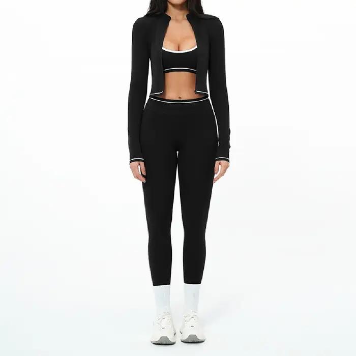 Ensemble de yoga 3 pièces avec fermeture éclair, tenue de sport d'extérieur, survêtement de gym pour