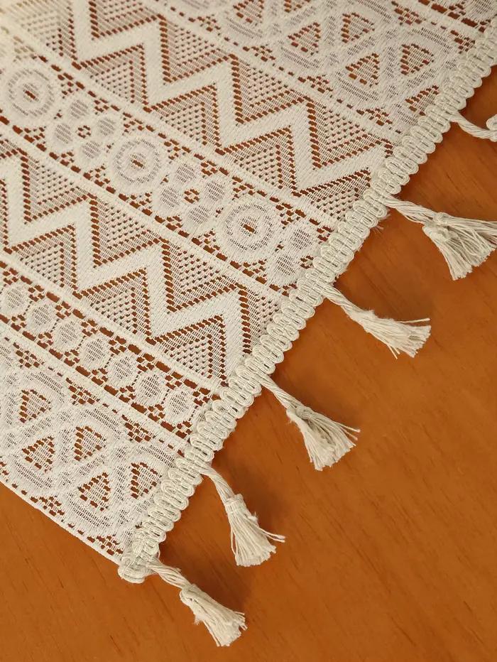 Chemin de Table Beige en dentelle et coton mélangé, tissu avec pompon pour décoration de Table basse