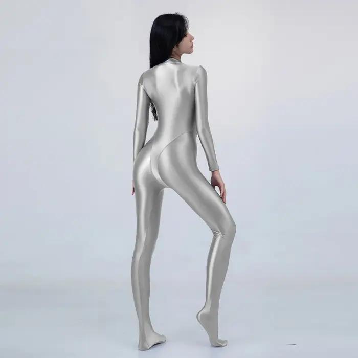 Sexy avant fermeture éclair huile collants brillant lisse une pièce maillot de bain femmes Yoga comb