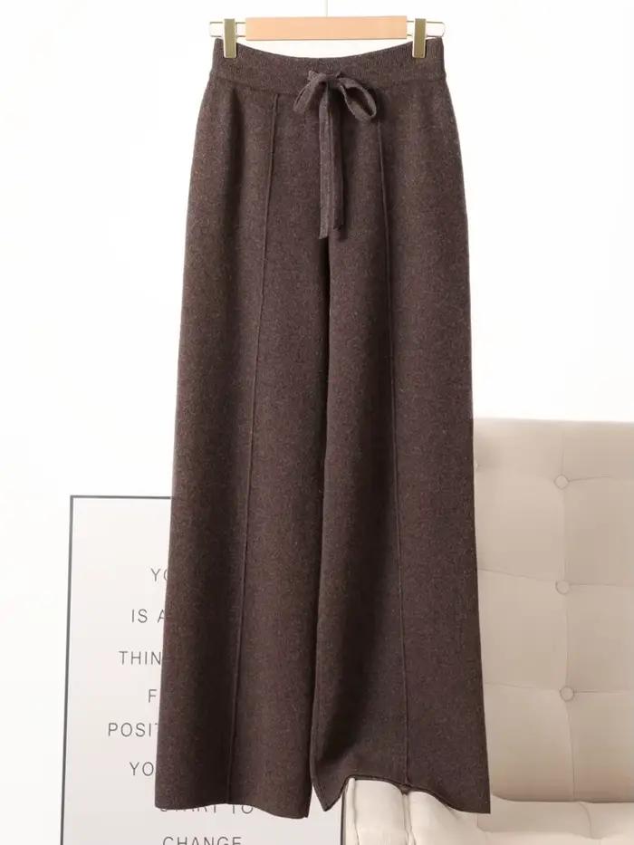 Pantalon tricoté en laine mérinos pour femme, jambes larges, basique, doux et chaud, en cachemire, d