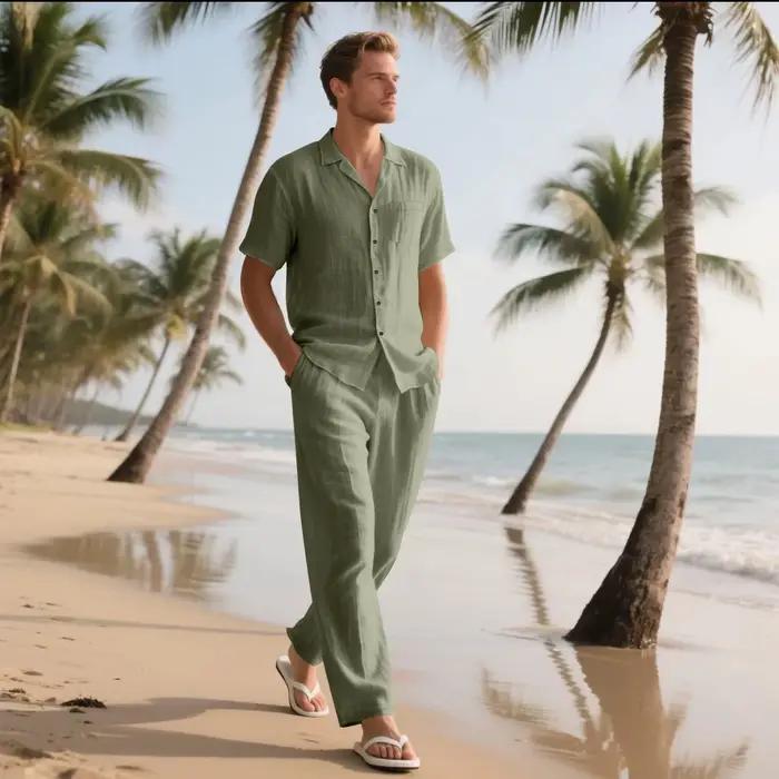Ensemble deux pièces décontracté en coton et lin pour hommes, chemises et pantalons de base Vintage