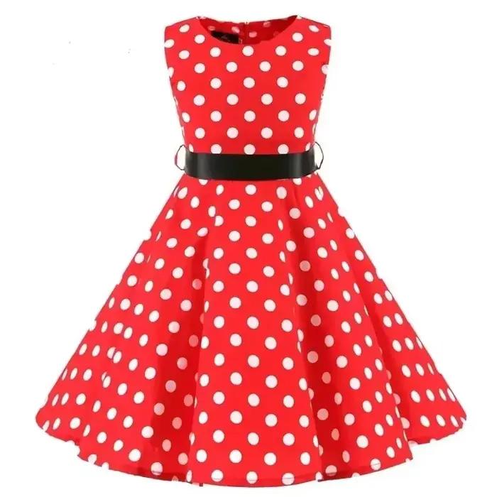 Robes en coton à pois vintage rétro pour filles, robes trapèze, jupe plissée, longueur genou, robe d