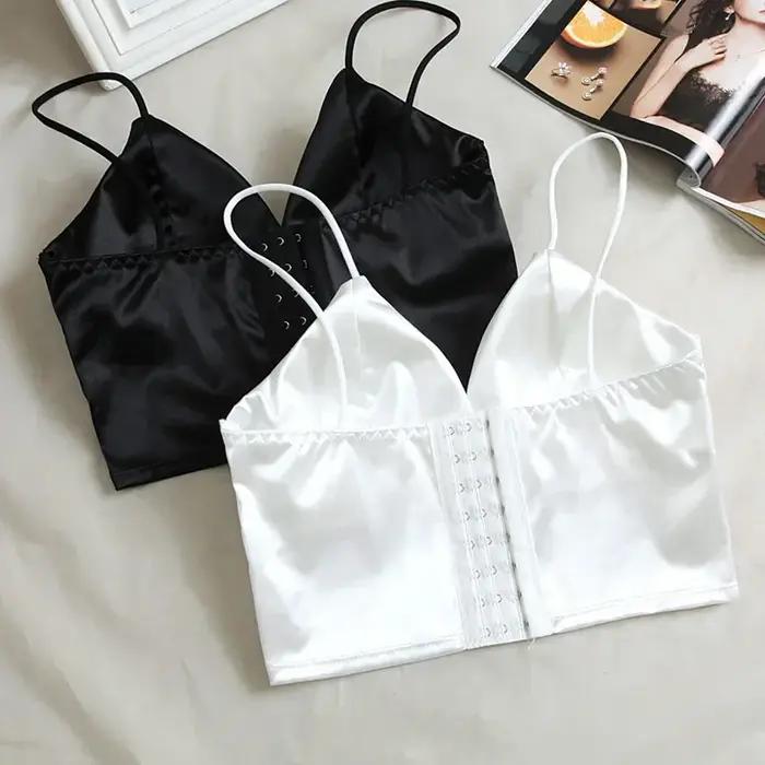 Haut court en Satin Sexy pour femmes, Bralette sans fil, Crochet, bretelles Spaghetti, T-shirt court