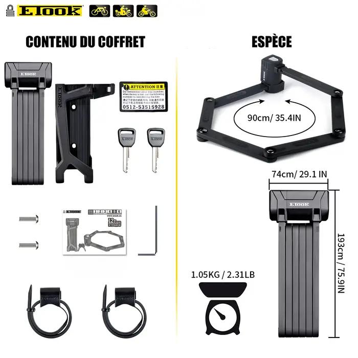 Serrure anti-vol pliable ETOOK pour vélo VTT scooter moto - Acier allié robuste anti-cisaillement hydraulique