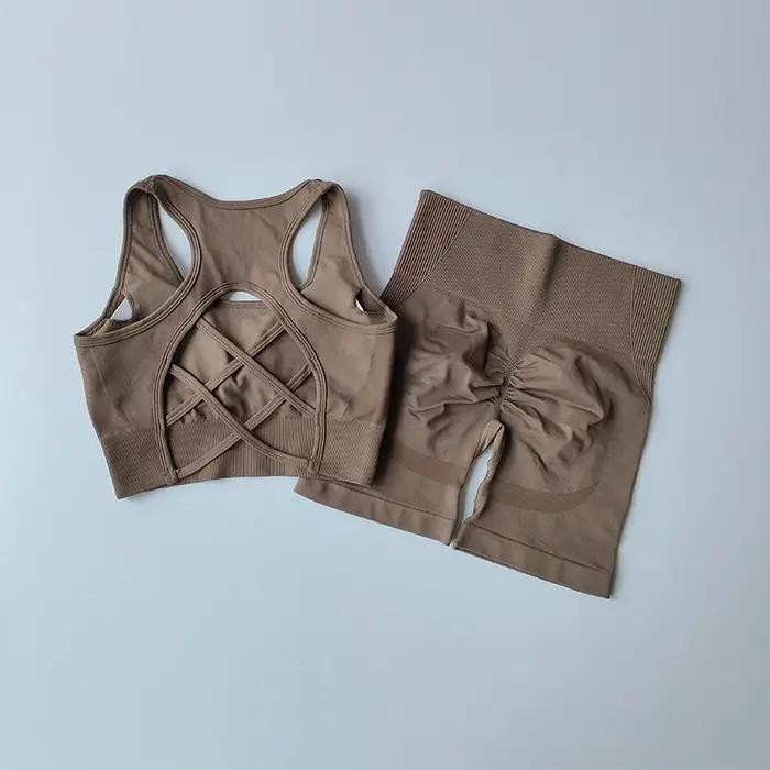 Ensemble fitness femme taille haute levage hanches - Soutien-gorge sport et short yoga dos nu