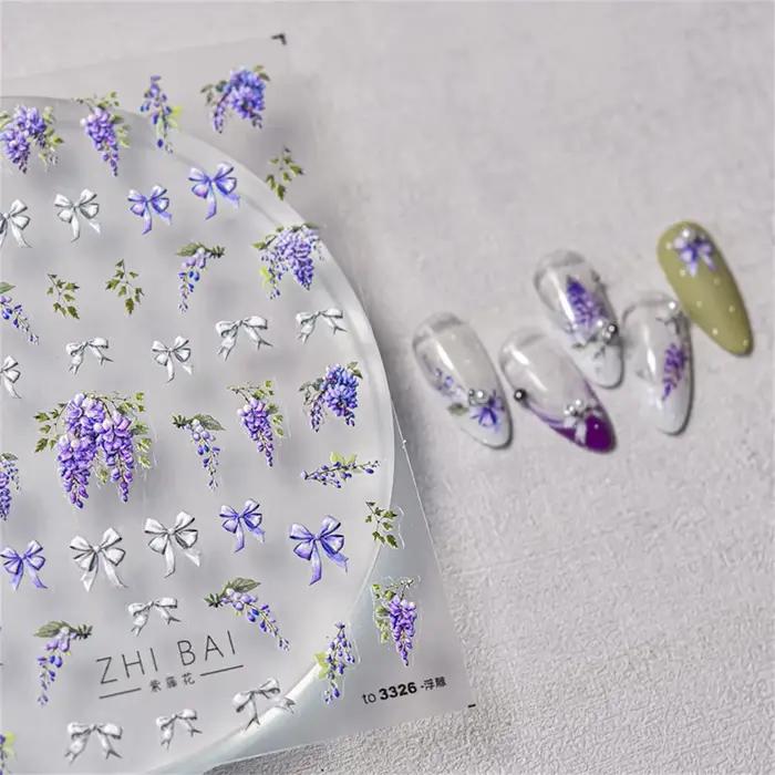 Autocollants 5D de fleurs de glycine violette pour nail art, 1 pièce, adhésif de transfert, décorati