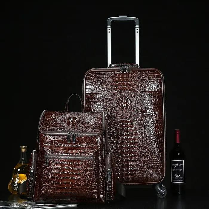 Valise de voyage en cuir véritable à motif crocodile pour homme, valise à roulettes, étui d'embarque