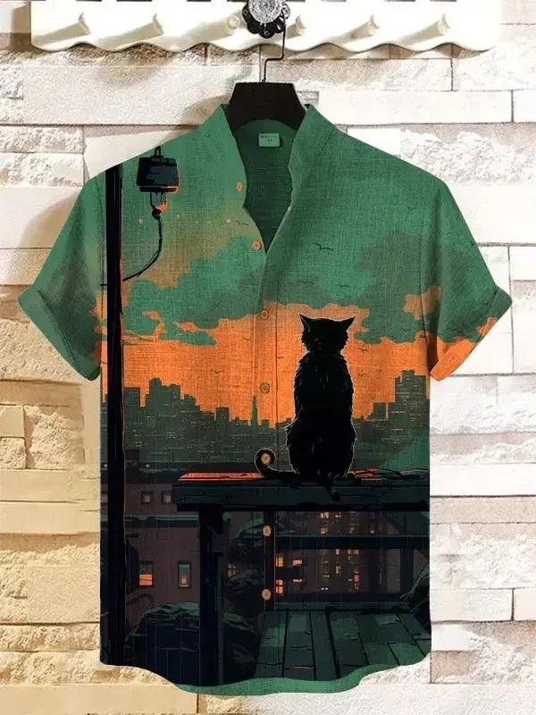 Été hommes rétro dessin animé Anime chat thème chemise à manches courtes à manches courtes hauts mod