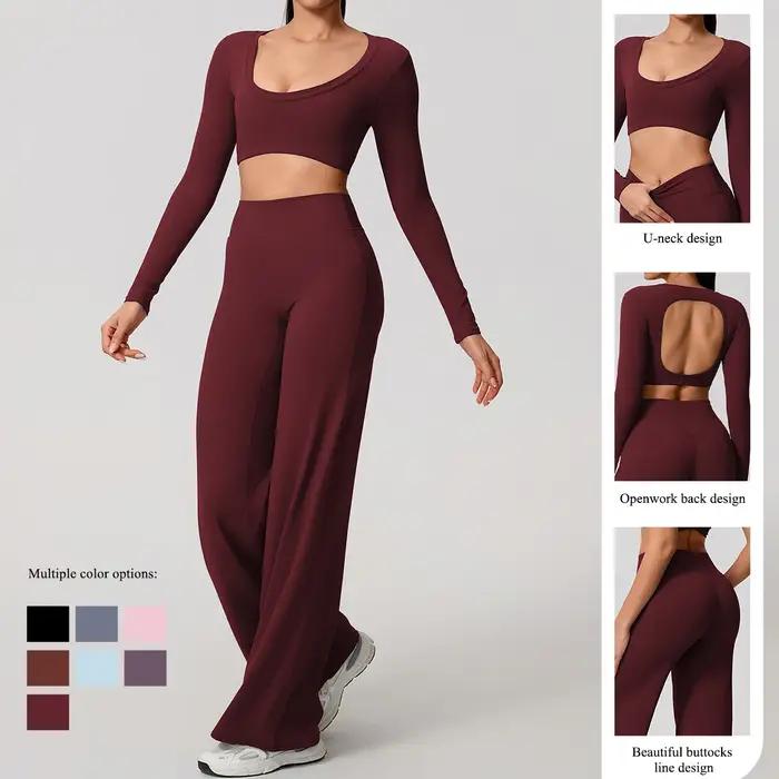 Hearuisavy – ensemble de sport 2 pièces pour femmes, manches longues, dos nu, haut de fitness ajusté