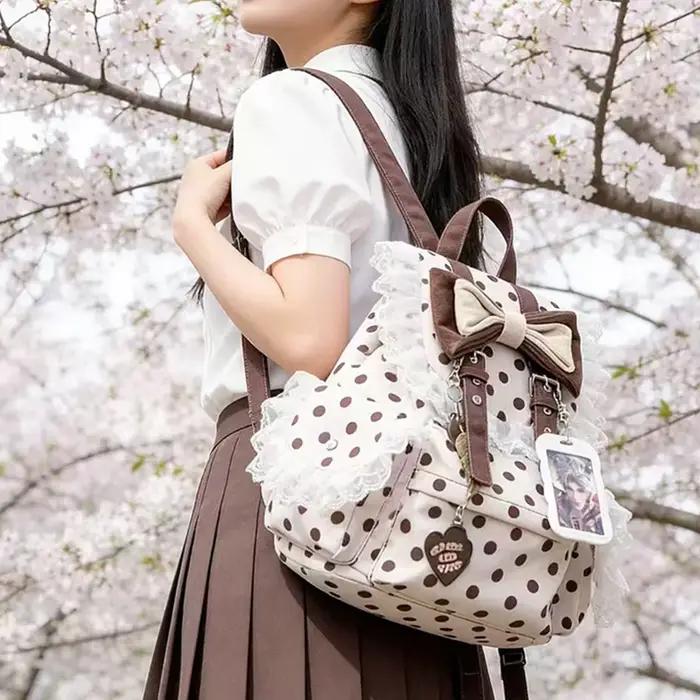 Sac à dos Preppy à pois avec nœud décoratif en dentelle, plusieurs poches, grande capacité, sac simp