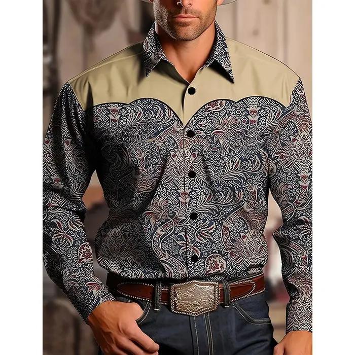 Chemise en jean occidentale Yellowstone pour hommes, motif patchwork bicolore, haut à boutons déroul