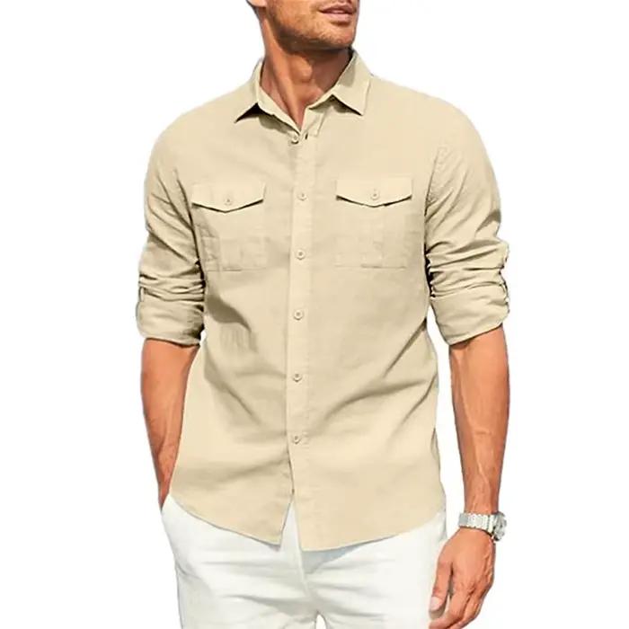 Chemise pour hommes Double poche coton lin chemise à manches longues décontracté chemise de vacances