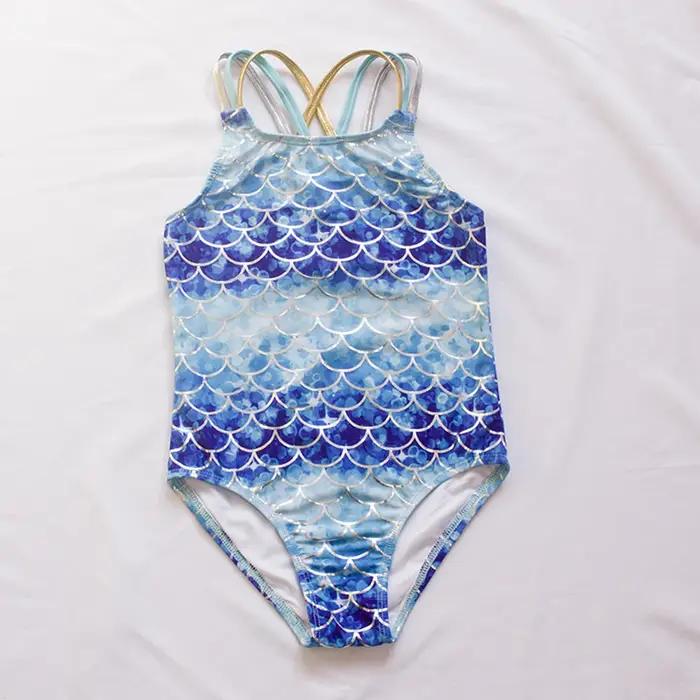 Maillot de bain une pièce pour filles et enfants, motif écailles de poisson, broderie en forme de co