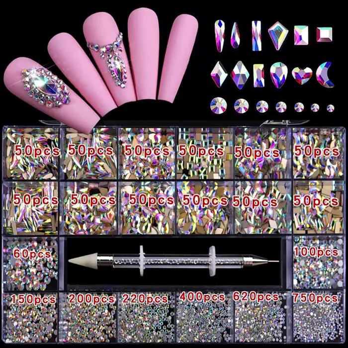 Boîte à strass à 21 grilles, mélange de diamants pour ongles, verre plat en forme de diamant, bricol