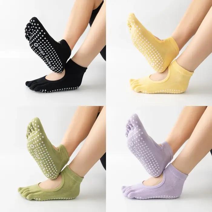 Chaussettes de Yoga dos nu à cinq orteils pour femmes, en coton, antidérapantes, pour Fitness, Pilat