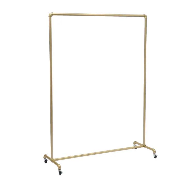 Porte-vêtements vintage en tuyau industriel, supports à vêtements dorés avec roues, T1, 47x63 po