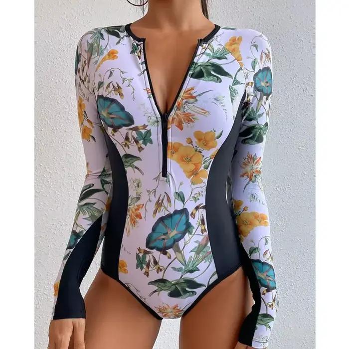 Été impression fermeture éclair une pièce maillot de bain fermé à manches longues maillots de bain s