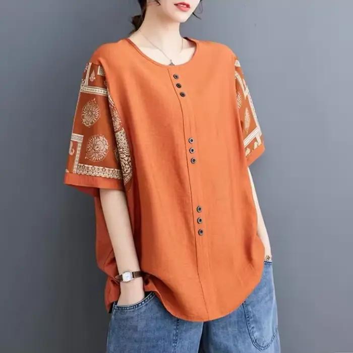 T-shirt ample demi-manches coton lin pour femmes grande taille style ethnique protection soleil occasions spéciales femmes