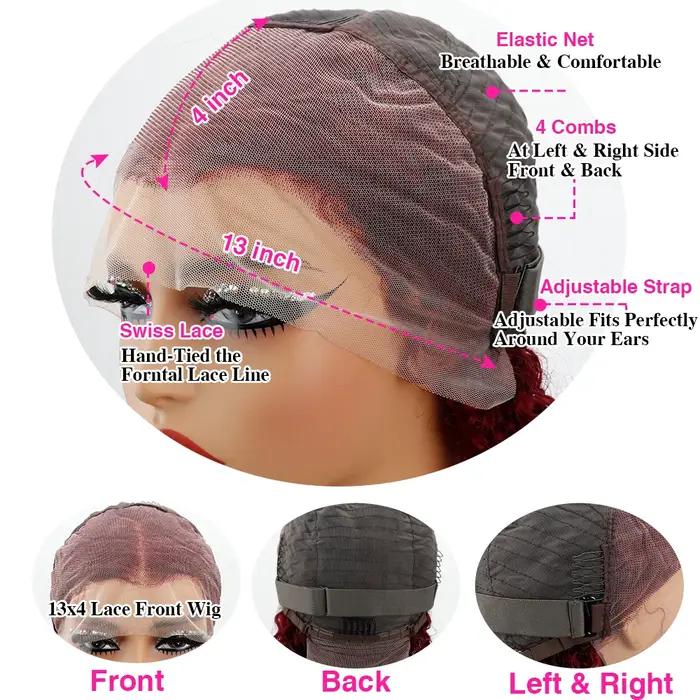 Perruque Lace Front Wig Deep Wave Naturelle Bouclée Rouge Bordeaux 99J, 13x4, Pre-Plucked, Densité 1