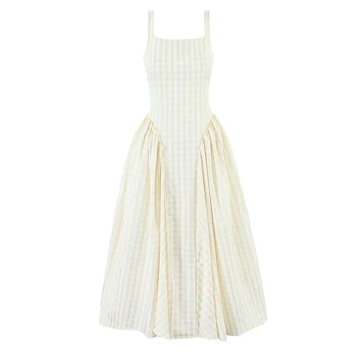 YENKYE à lacets pansement Plaid Robe à bretelles femmes élégant col carré taille basse a-ligne Midi