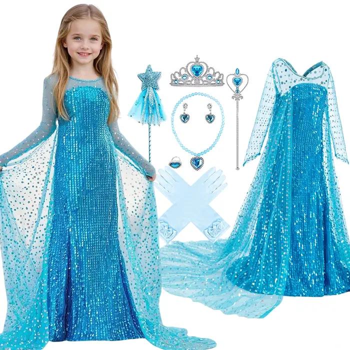 Robe de Cosplay Elsa à paillettes bleues pour enfants, Costume de princesse bleu élégant pour filles