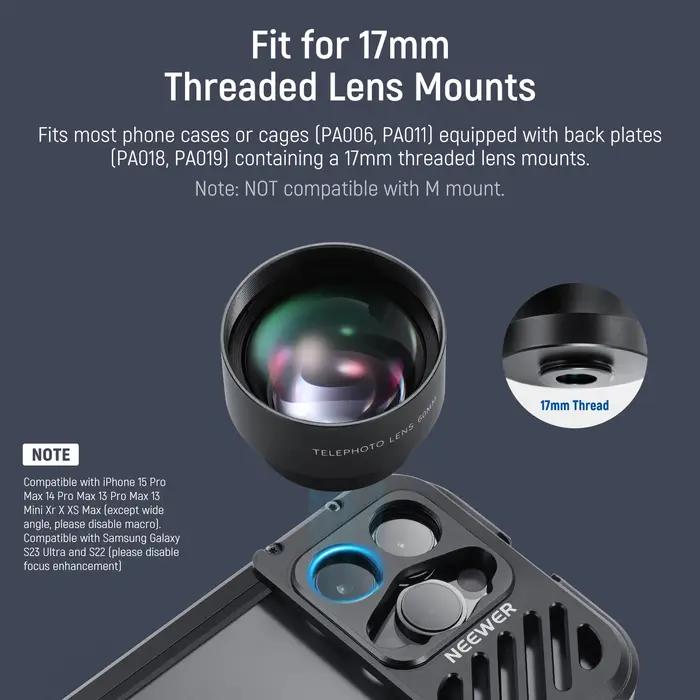 NEEWER HD 60mm téléobjectif grossissement 2X pour iPhone 15 pro Max/Samsung/Xiaomi coque de téléphon