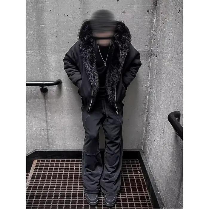 Manteau Parka surdimensionné en fausse fourrure pour homme, épais et chaud, noir, réversible, avec c