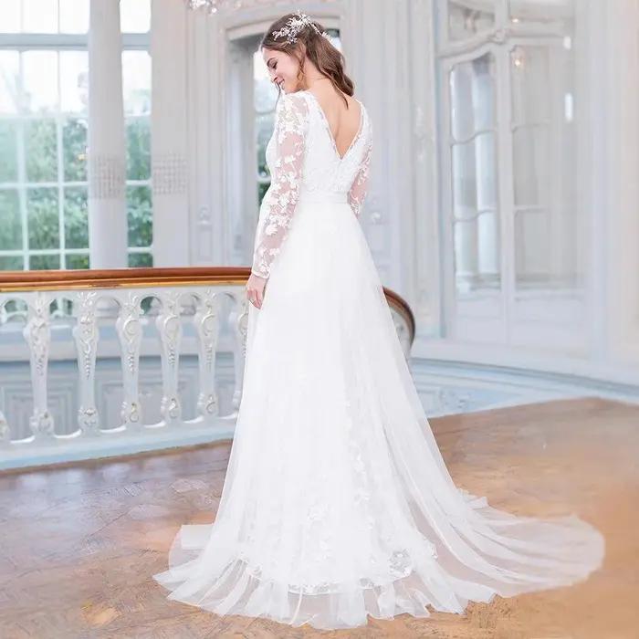 ALTERFull-Robe Longue Maxi en Dentelle, Manches sulf, en Forme de V, Ourlet au Dos, Bouffante, pour