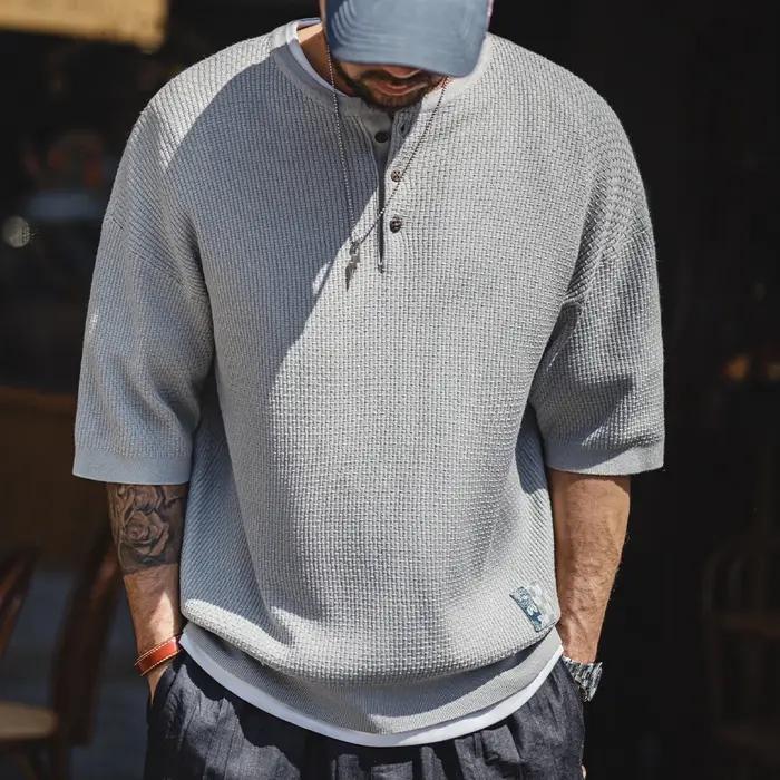 Maden Vintage Boro Style manches courtes Henley chemise hommes été gris coupe ample t-shirt tricot d