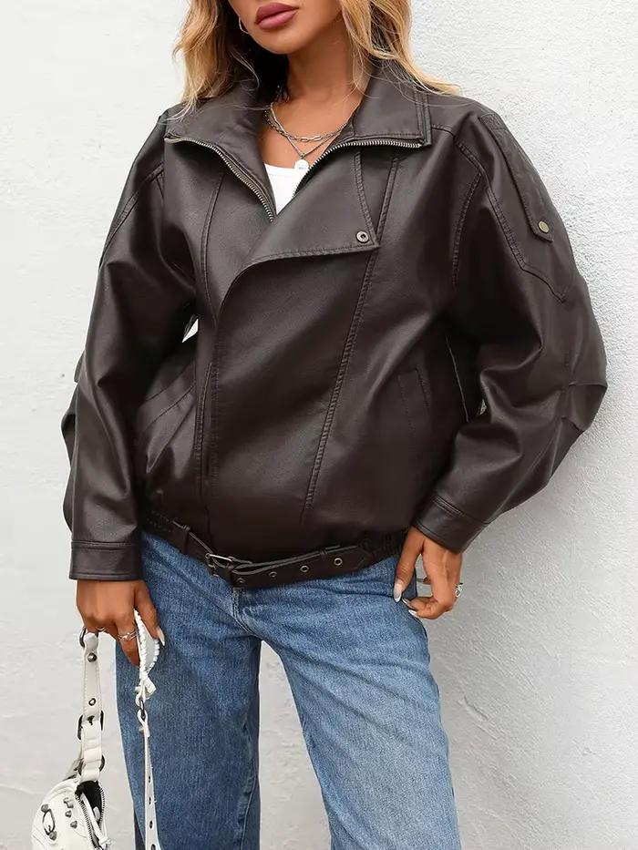 Ailegogo nouveau printemps automne femmes Streetwear rétro ample veste en simili cuir Moto Biker fem