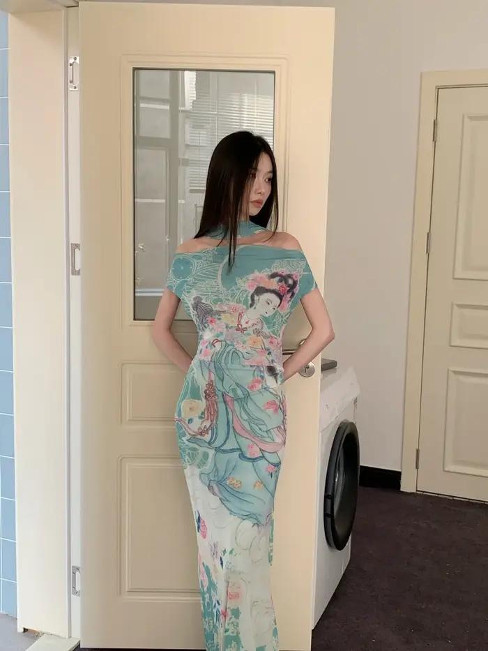 CHEERART mythe fée imprimé Vintage hors de l'épaule robe Maxi femmes maille tuniques moulante longue