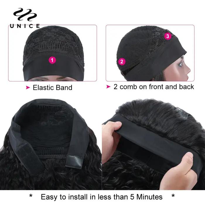 Perruque 100% cheveux naturels ondulés-UNice, prêt à porter, sans colle, avec écharpe