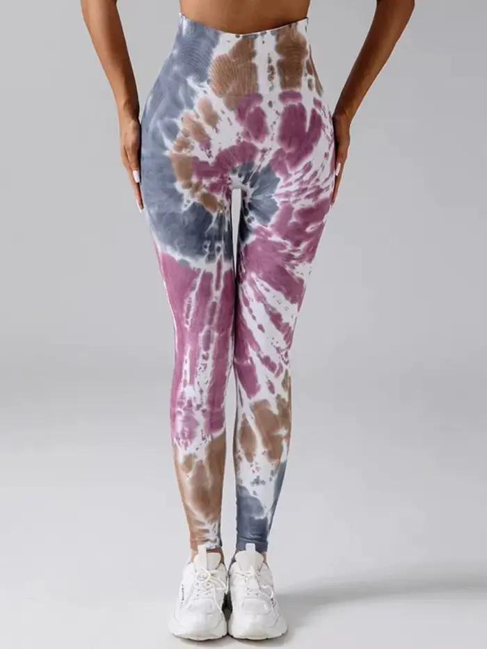 Pantalon de Fitness sans couture, teinture par nouage, pêche, hanche, Leggings, taille haute, collan