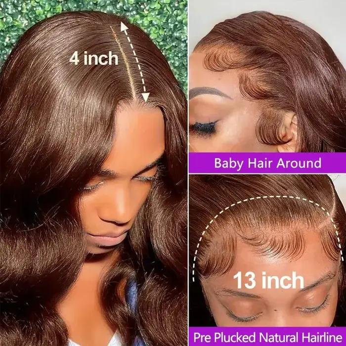 Perruque frontale HD sans colle de 34 pouces, en cheveux humains vierges brésiliens, couleur brun ch