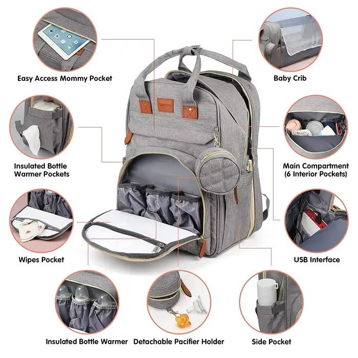 Sac à langer 3 en 1, sac à dos pliable pour lit de bébé, sac de voyage étanche avec chargeur USB, sa