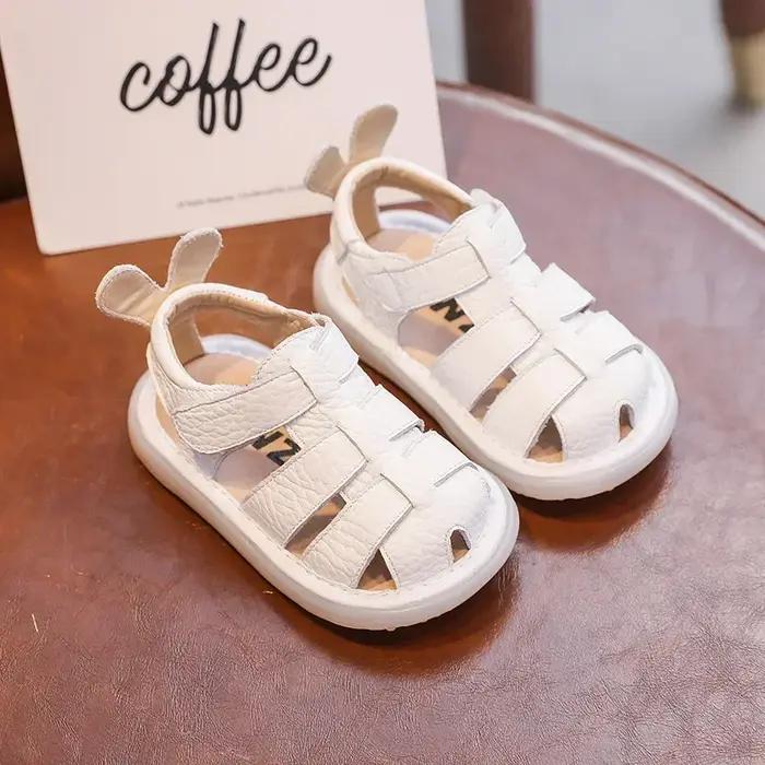 Sandales d'été anti-collision en cuir véritable pour bébé fille et garçon, chaussures de plage soupl